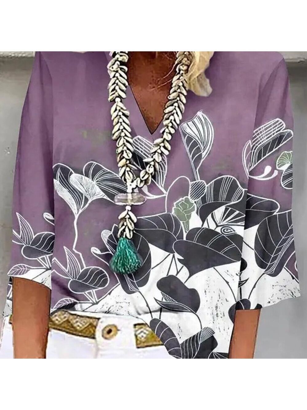 Purple Flower Print 3/4 Sleeves V-Neck Top XL